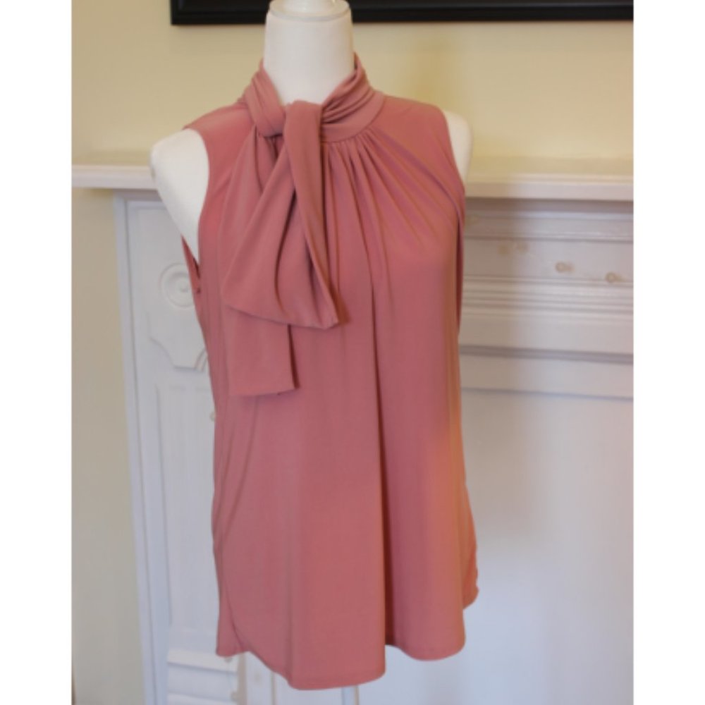 Blush pink sleeveless blouse with tie-neck